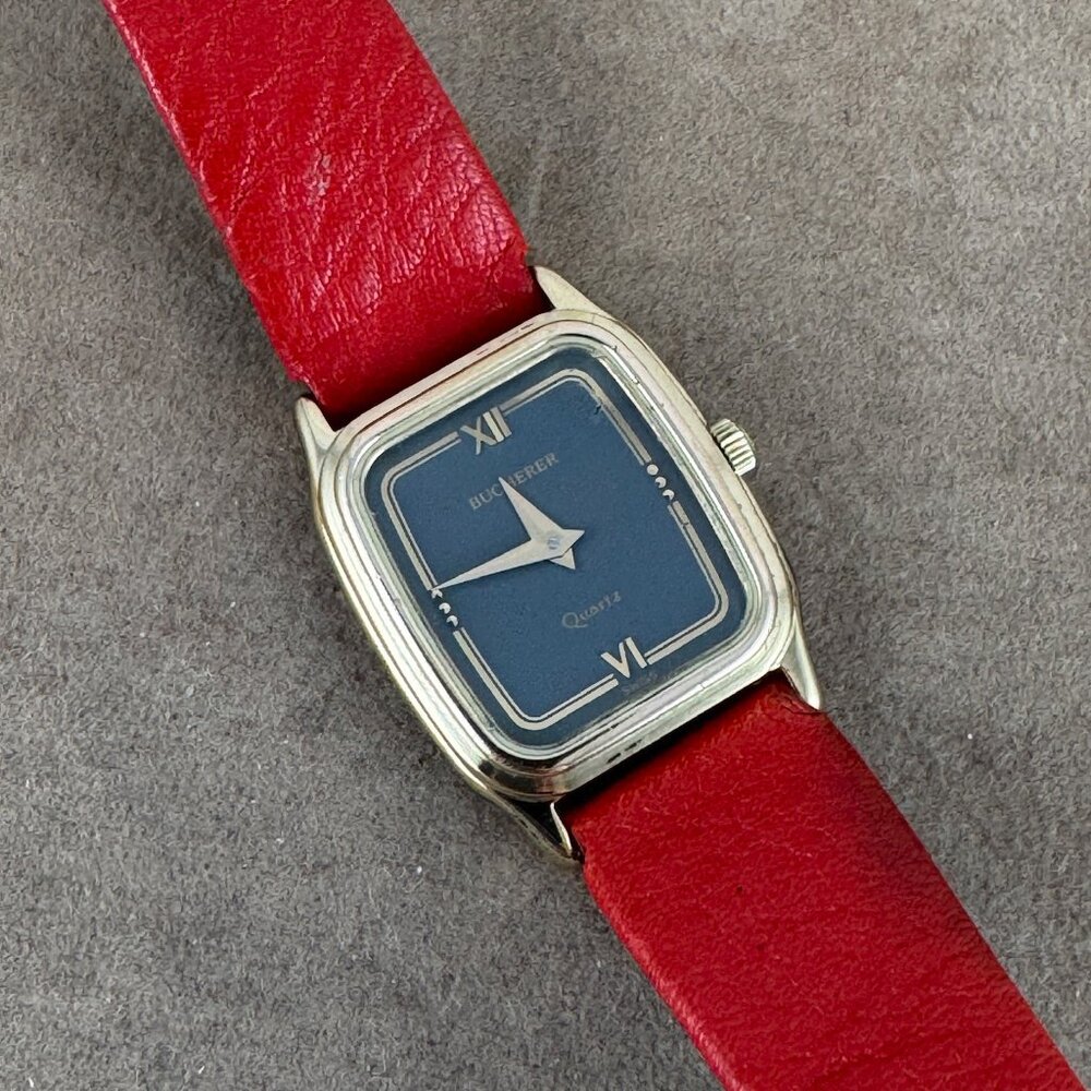 Vintage 1990's Bucherer Wrist Watch Gold Plated  Stainless Steel Red Strap